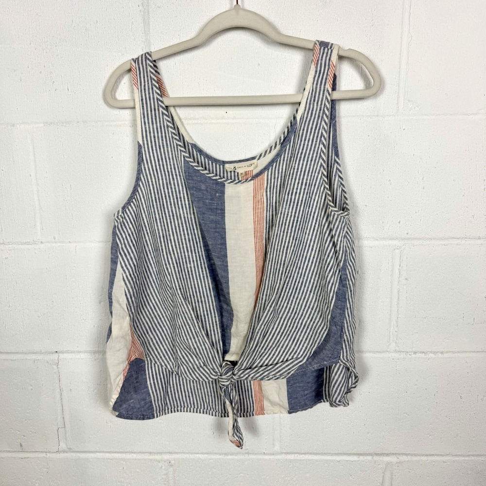 Lou & Grey Loft 100% Linen Tie Front Tank‎ Top Size M Striped Americana Nautical
